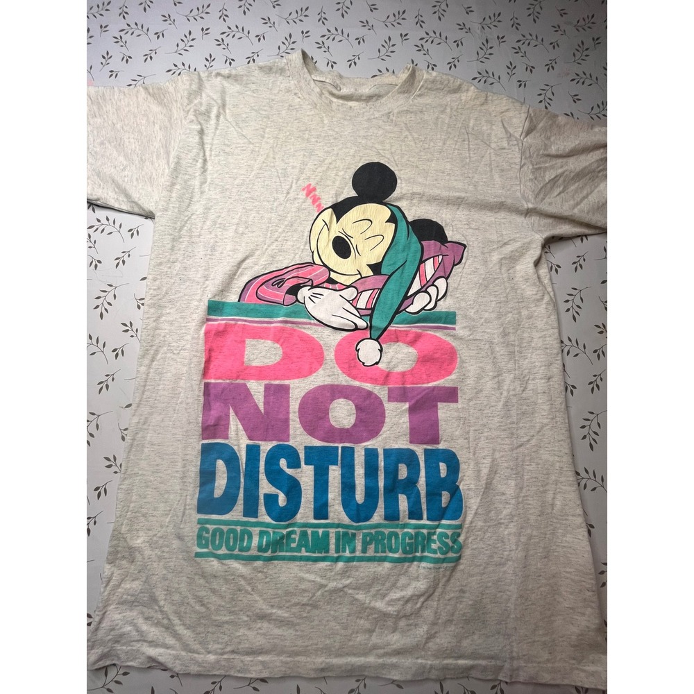 Vintage Mickey Mouse Do Not Disturb Sleep Shirt Grey Graphic Nightshirt L 90s